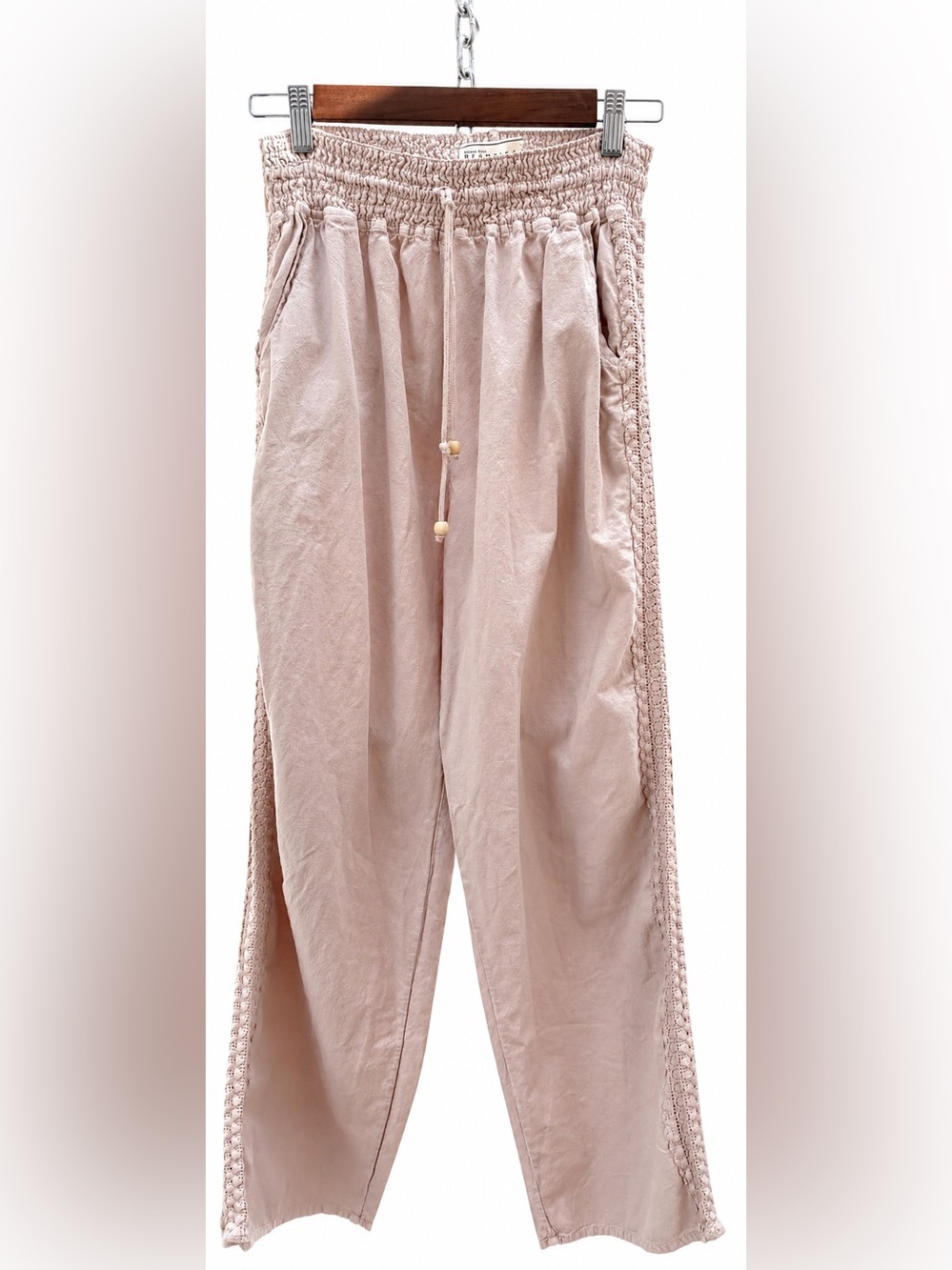 Resort Wear Oatmeal Crochet Trim Smocked
Waist Wide Leg Pants